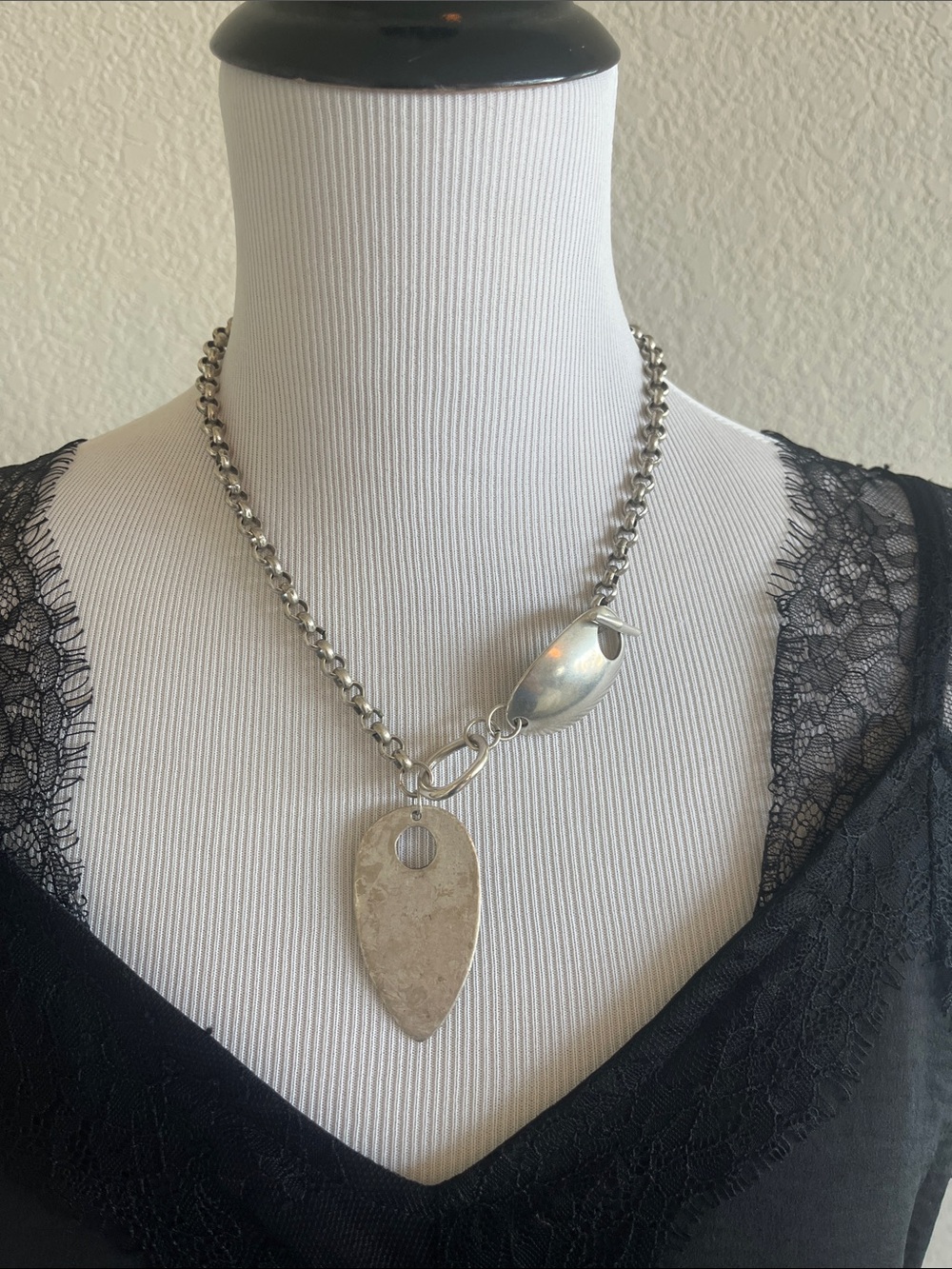 Bold Silver-Tone Pendant Necklace - Chunky Chain with Teardrop Charm